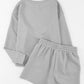 Gray Textured Long Sleeve Top and Drawstring Shorts Set