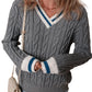 Medium Grey Color Contrast Ribbed Edge Cable Knit V Neck Sweater