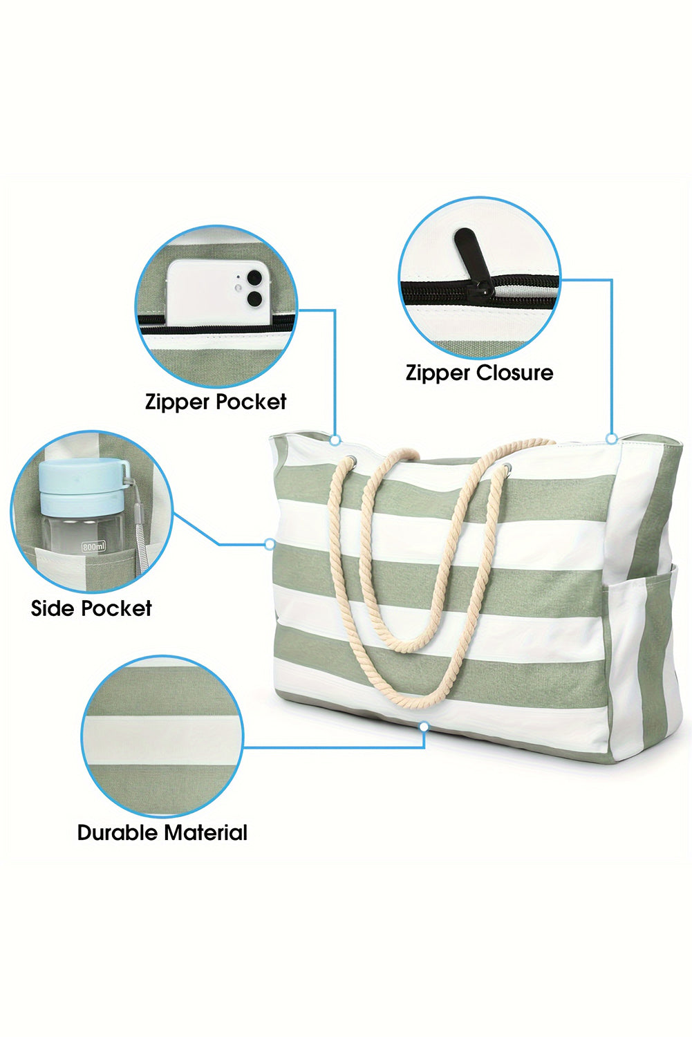 Smoke Green Striped Waterproof Canvas Large Capacity Tote Bag