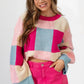 Rose Red Color Block Drop Shoulder Crewneck Loose Fit Sweater