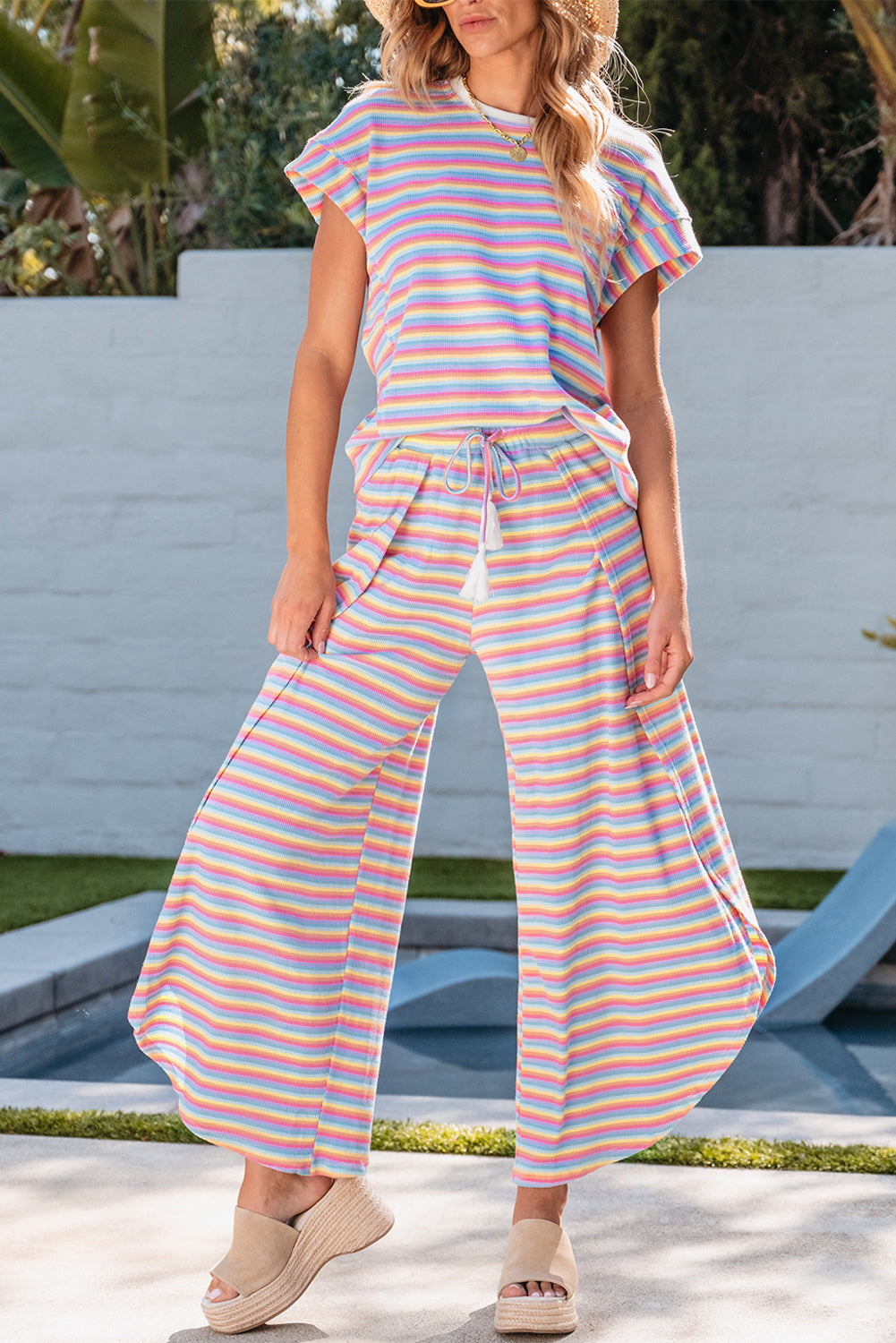 Pink Stripe Rainbow Tee Tasseled String Wide Leg Pants Set