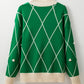 Dark Green Diamond Pattern Pom Accents Contrast Trim High Neck Sweater