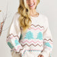 White Striped Christmas Tree Ribbed Trim Drop Shoulder Sweater