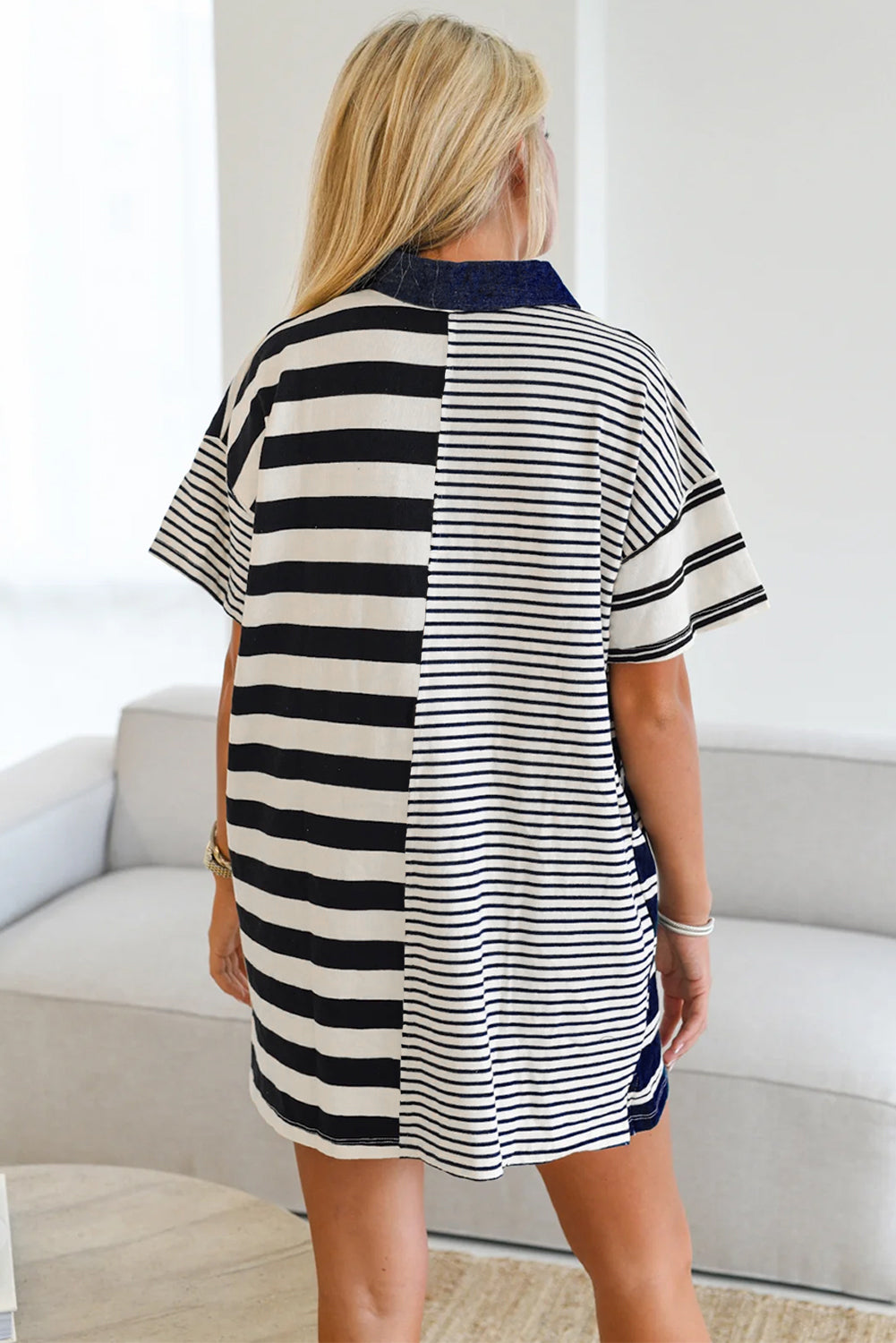 Black Stripe Half Placket Polo T Shirt Dress