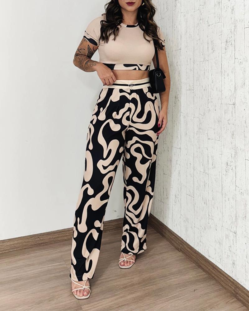 Abstract Print Crop Top & Pocket Design Pants Set