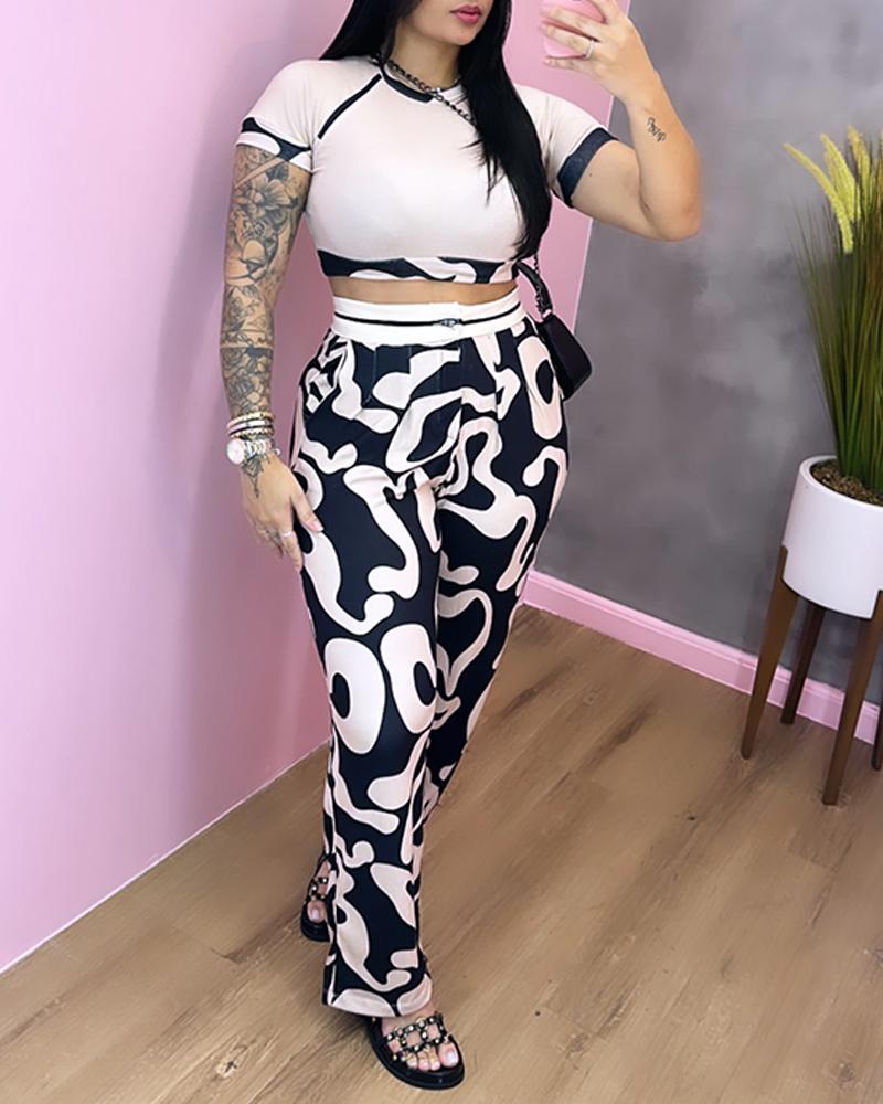 Abstract Print Crop Top & Pocket Design Pants Set