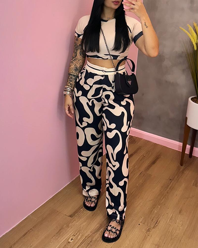 Abstract Print Crop Top & Pocket Design Pants Set