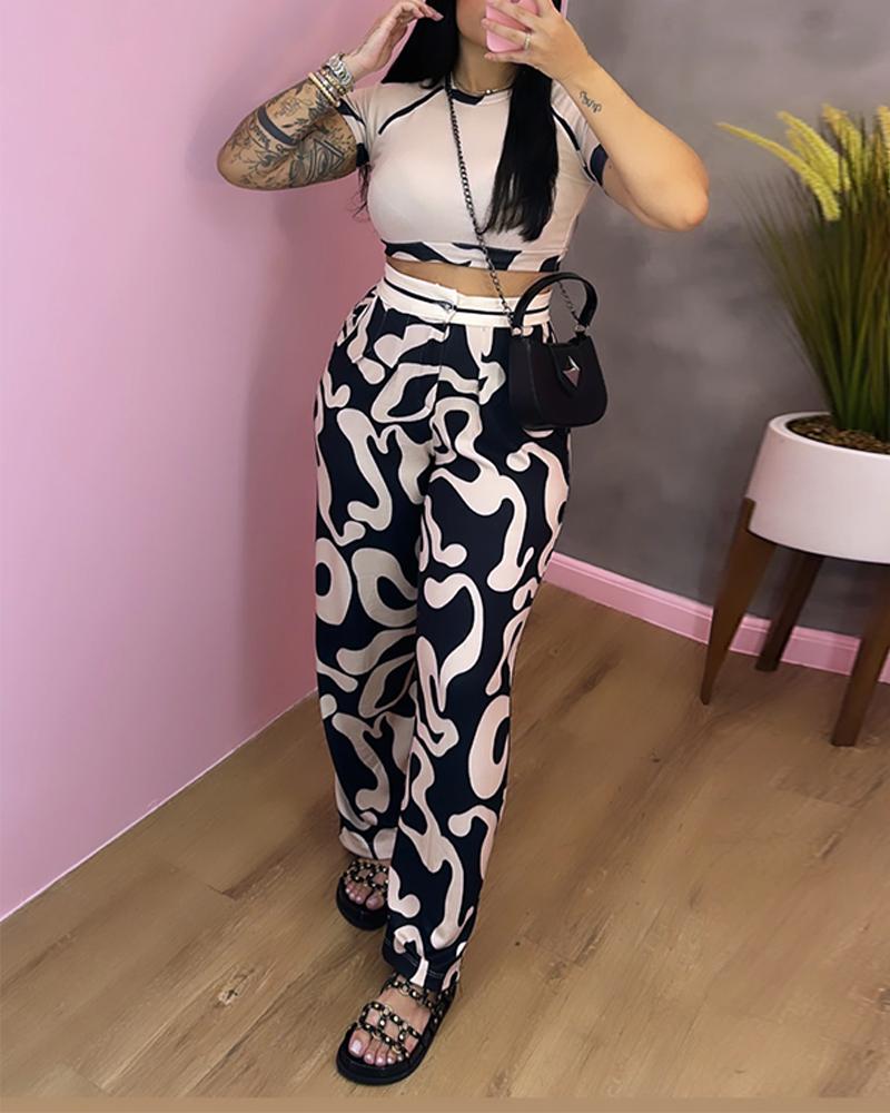 Abstract Print Crop Top & Pocket Design Pants Set