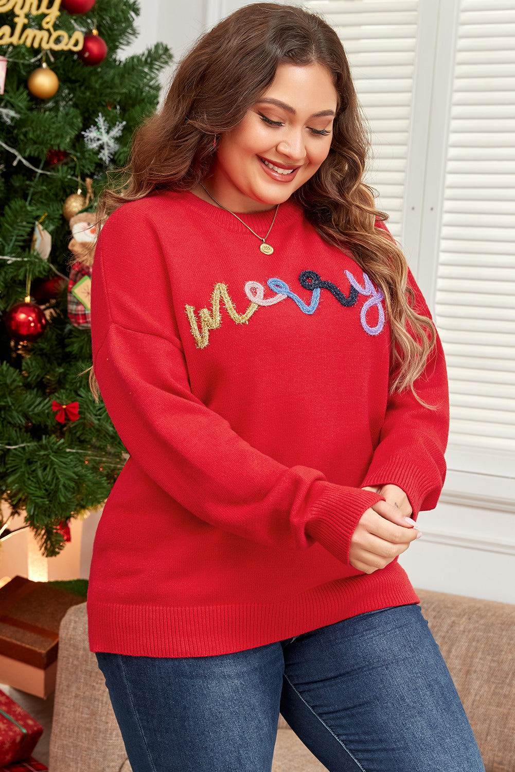 Fiery Red Tinsel merry Pattern Drop Shoulder Plus Size Sweater