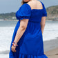 Dark Blue Shirred Ruffled Square Neck Plus Size Mini Dress