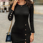 Crewneck Long Sleeve Rib knit Mini Dress Button Design Slit Casual Bodycon Dresses