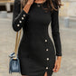 Crewneck Long Sleeve Rib knit Mini Dress Button Design Slit Casual Bodycon Dresses