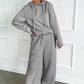 Gray Solid Color Drawstring Hoodie and Wide Leg Pants Set