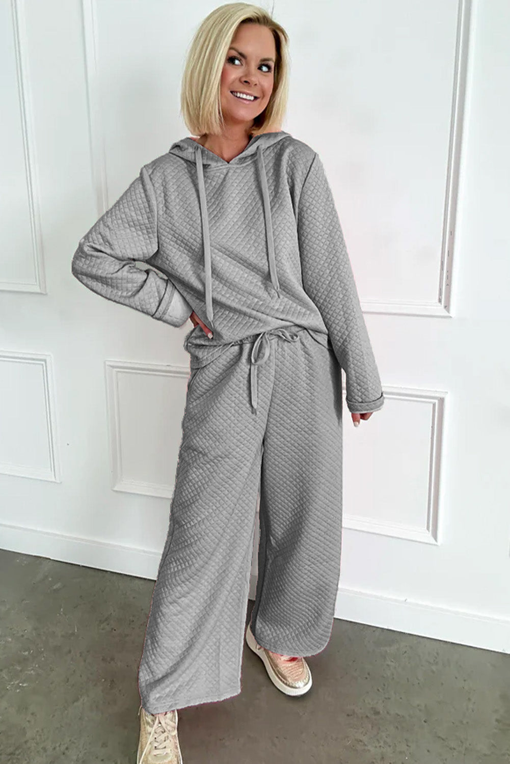 Gray Solid Color Drawstring Hoodie and Wide Leg Pants Set