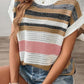 Pink Stripe Color Block Eyelet Knit Short Sleeve Sweater Tee