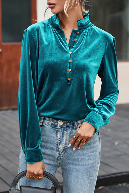 Green Frilled Neck Buttoned Front Velvet Top