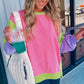 Pink Colorblock Exposed Seam Crewneck Casual Sweatshirt