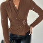 Rhinestone V Neck Skinny Sweater Front Buckle Ruched Casual Top