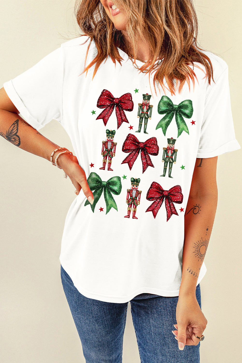 White Bowknot Nutcracker Printed Crewneck Christmas T Shirt