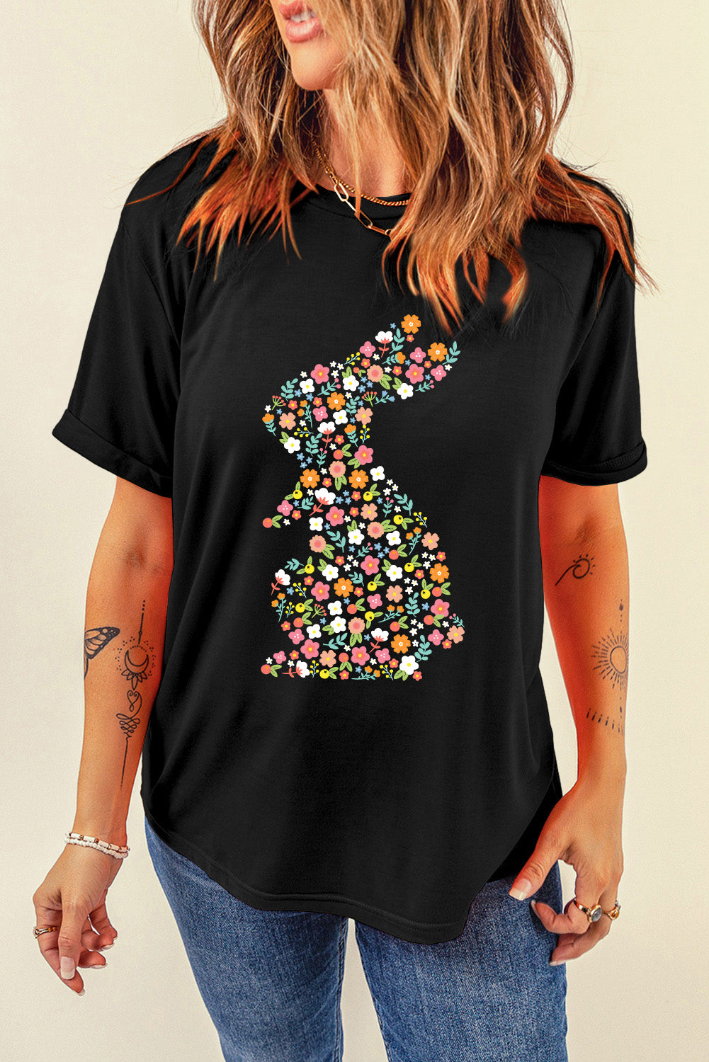 Black Colorful Floral Bunny Graphic Easter T Shirt