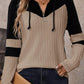 Parchment Textured Colorblock Long Sleeve Quarter Zip Drawstring Hooded Top