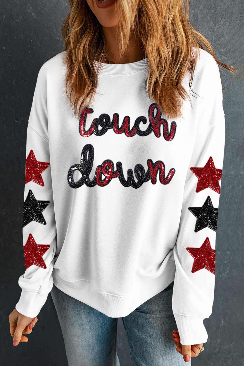 Beige Sequined Touch Down Graphic Star Drop Shoulder Sweatshirt