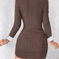 Polo V Neck Long Sleeve Fleece Lined Bodycon Dress Slit Button Decor Ribbed Mini Dress