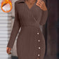 Polo V Neck Long Sleeve Fleece Lined Bodycon Dress Slit Button Decor Ribbed Mini Dress