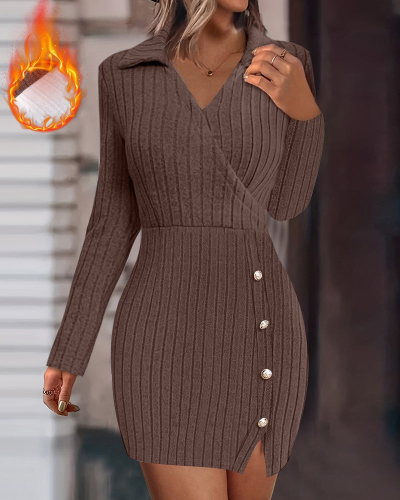 Polo V Neck Long Sleeve Fleece Lined Bodycon Dress Slit Button Decor Ribbed Mini Dress