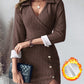 Polo V Neck Long Sleeve Fleece Lined Bodycon Dress Slit Button Decor Ribbed Mini Dress