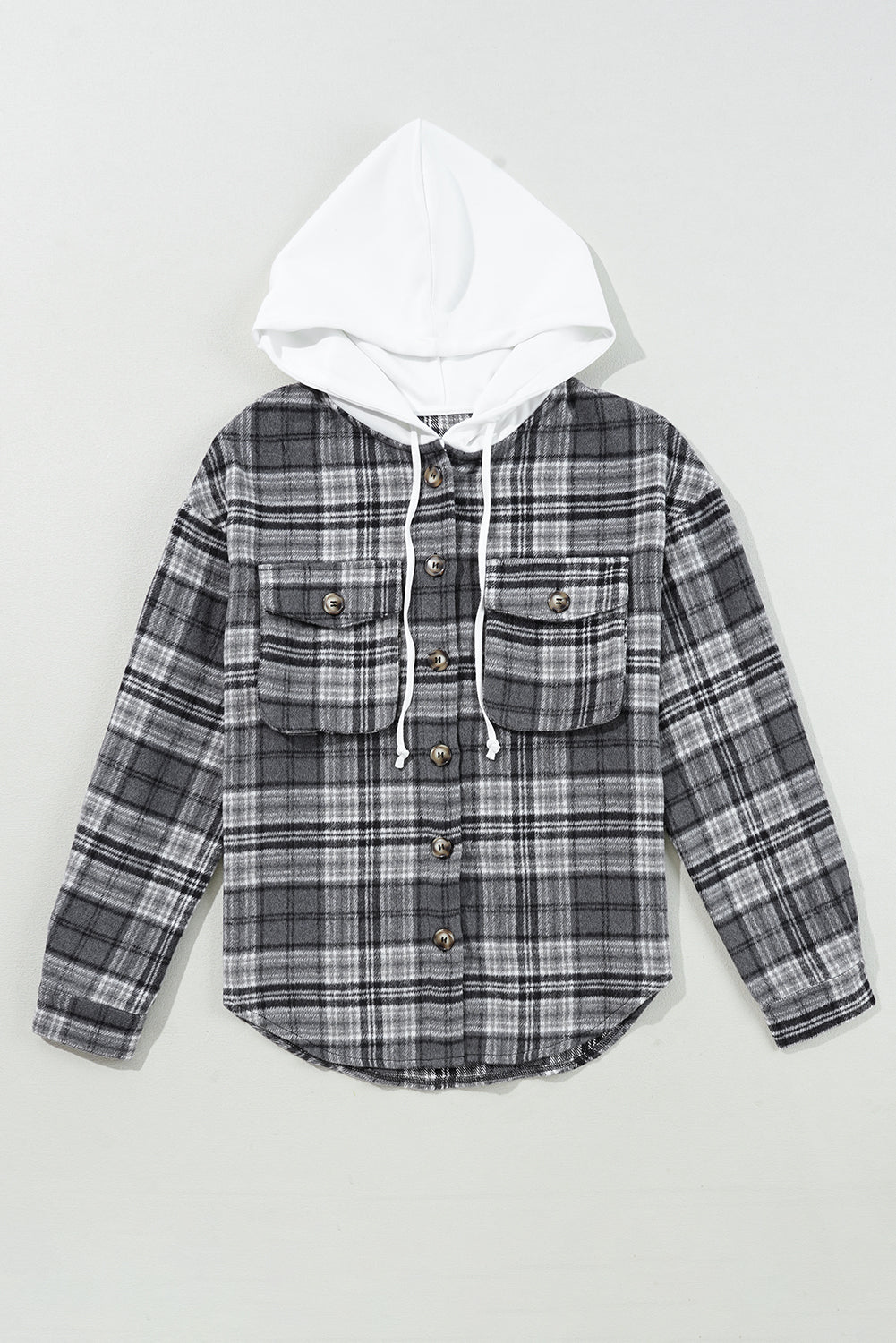 Black Plaid Print Flap Pockets Contrast Hooded Loose Shacket