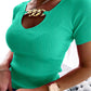 V Neck Chain Decor Short Sleeve Knit Top Dressy Casual Slim Fit Pullover