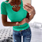 V Neck Chain Decor Short Sleeve Knit Top Dressy Casual Slim Fit Pullover