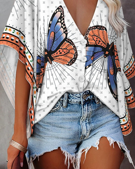 Butterfly Geometric Print Button Front Batwing Sleeve Top
