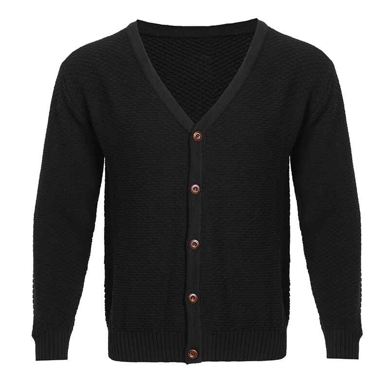    Black-Mens-V-neck-Button-Up-Cardigan-Casual-Texture-Pattern-Slightly-Stretch-Sweater-For-Spring-Fall-G104-Front