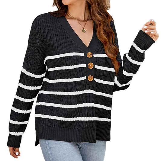 Black-Womens-Long-Sleeve-V-Neck-Ribbed-Button-Knit-SweaterStripe-Tops-K610