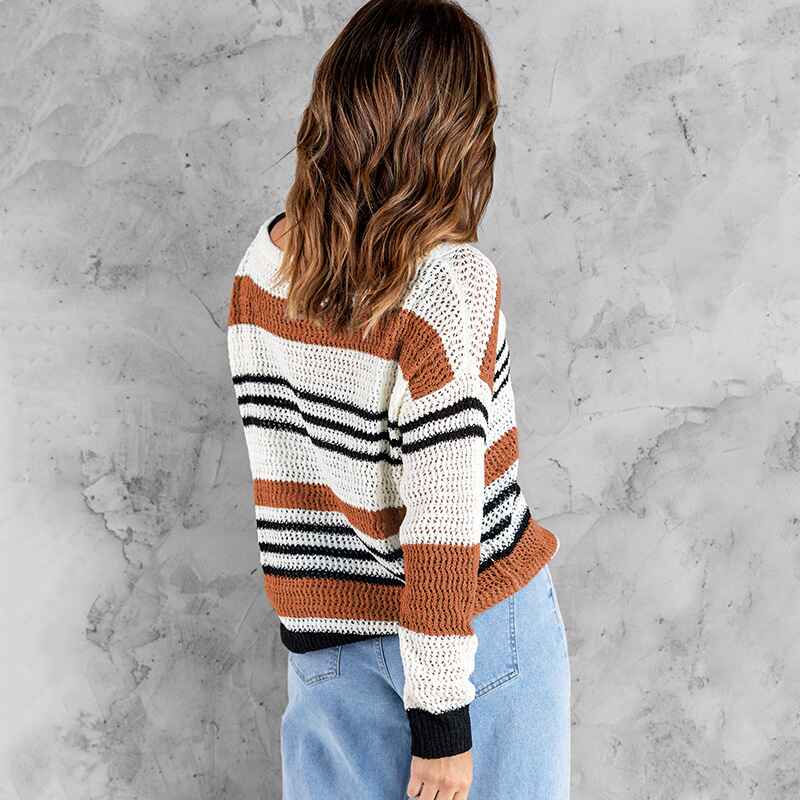 Brown-Womens-Color-Block-Tunic-Tops-Casual-Long-Sleeve-Shirts-Round-Neck-Pullover-K199-Back