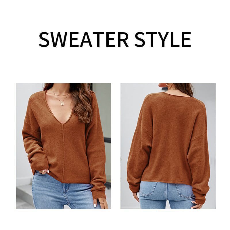 Brown-Womens-Sexy-V-Neck-Pullover-Sweaters-Casual-Long-Sleeve-Knitted-Crop-Jumpers-Tops-K588-Detail