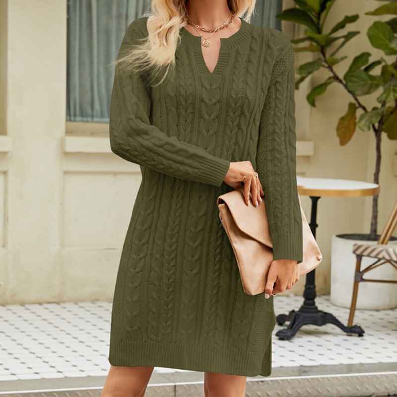 Green-Womens-Sweater-Dress-Long-Sleeve-V-Neck-Cable-Knit-Sweater-Dresses-Casual-Loose-K584