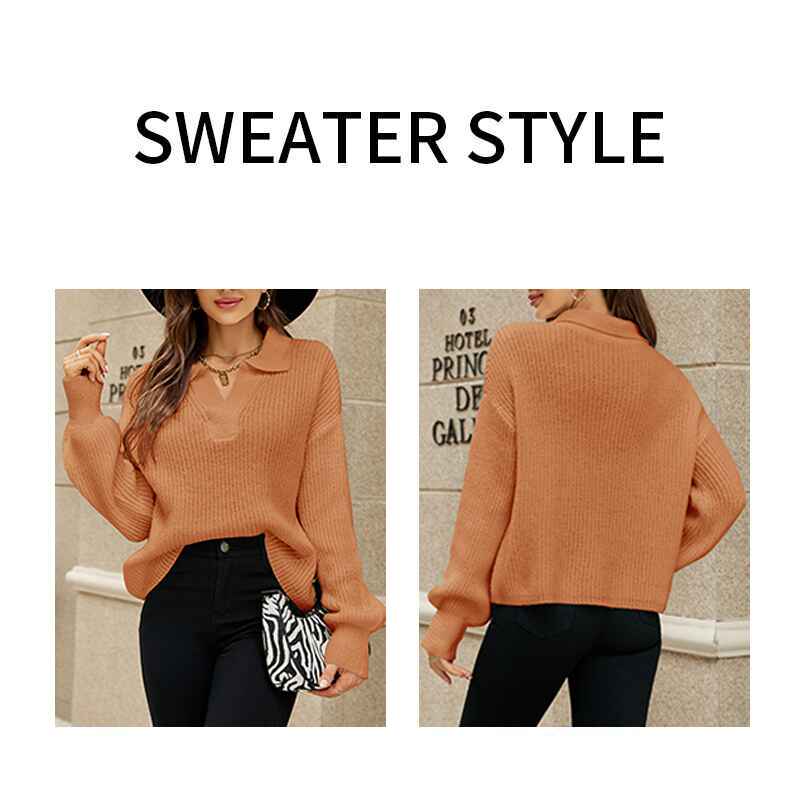 Light-Orange-Womens-Fall-Lapel-Collar-V-Neck-Long-Sleeve-Ribbed-Knit-Comfy-Pullover-Sweater-Jumper-Top-K595-Detail