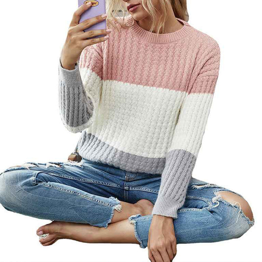 Pink-Womens-Crew-Neck-Long-Sleeve-Color-Block-Knit-Sweater-Casual-Pullover-Jumper-K331