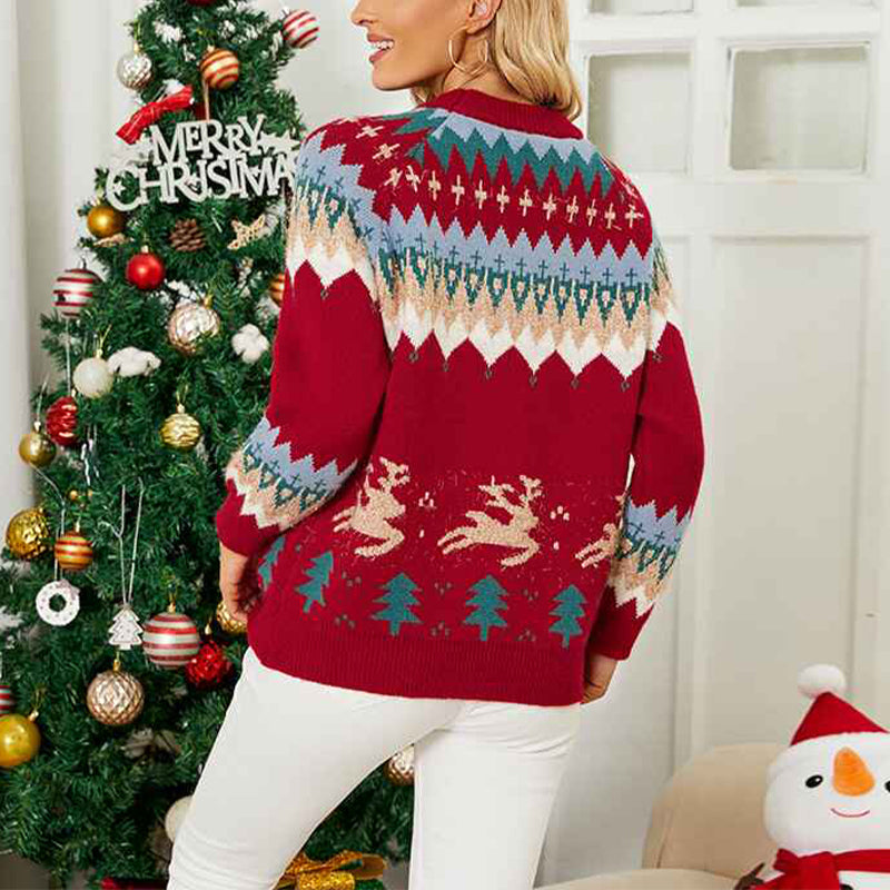 Red-Womens-Christmas-Reindeer-Xmas-Snowflake-Patterns-Knitted-Sweater-Long-Sleeve-Elk-Floral-Printed-Pullover-K480-Back