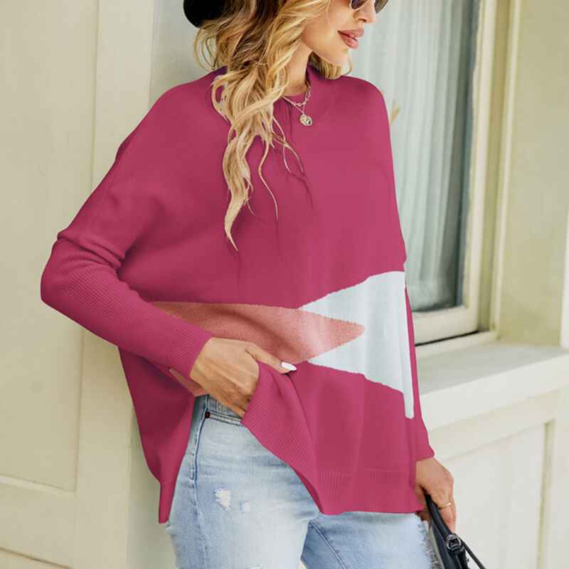 Rose-Red-Womens-Casual-Crewneck-Sweatshirt-Long-Sleeve-Loose-Side-Split-Pullover-Tops-K601-Side