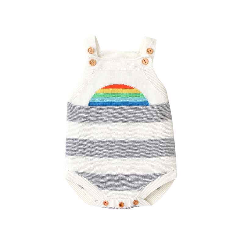 White-Newborn-Baby-Girl-Knit-Rainbow-Romper-Bodysuit-Sleeveless-Square-Neck-Jumpsuit-A029-Front