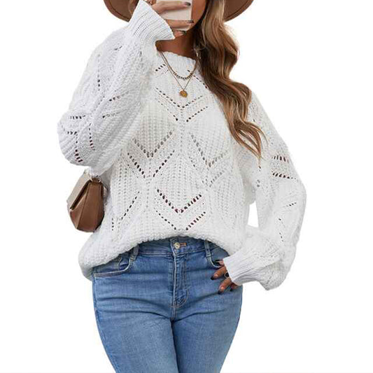 White-Womens-Cute-Elegant-Soft-Crewneck-Long-Sleeve-Hollow-Cable-Knit-Pullover-Sweaters-K138