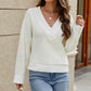     White-Womens-Deep-V-Neck-Wrap-Sweaters-Long-Sleeve-Crochet-Knit-Pullover-Tops-K587-Front