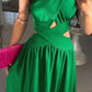 Halter Sleeveless Tied Detail Shirred Criss Cross Flared Dress Glamorous Evening Dress