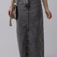 Dark Grey Denim Raw Hem Back Split High Waist Long Skirt