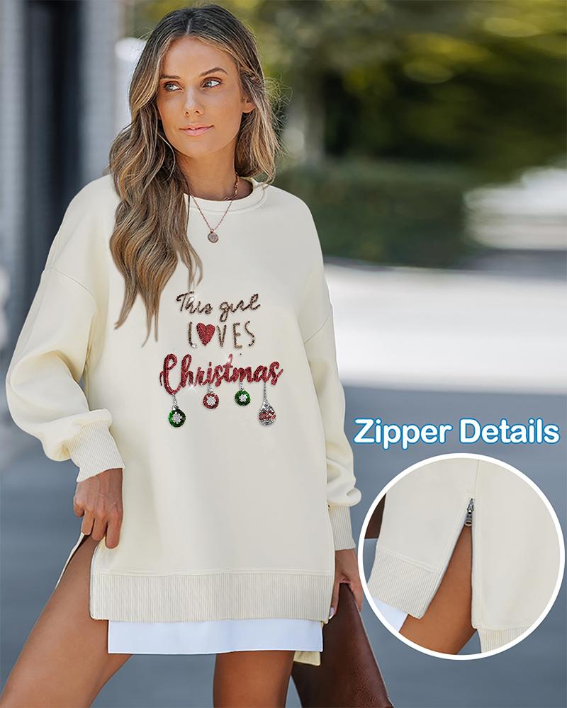 Christmas Sequin Letter Pattern Casual Dress Side Zipper Design Pullover Sweatshirt