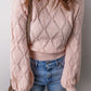 Gossamer Pink Openwork Plaid Puff Sleeve Cropped Sweater